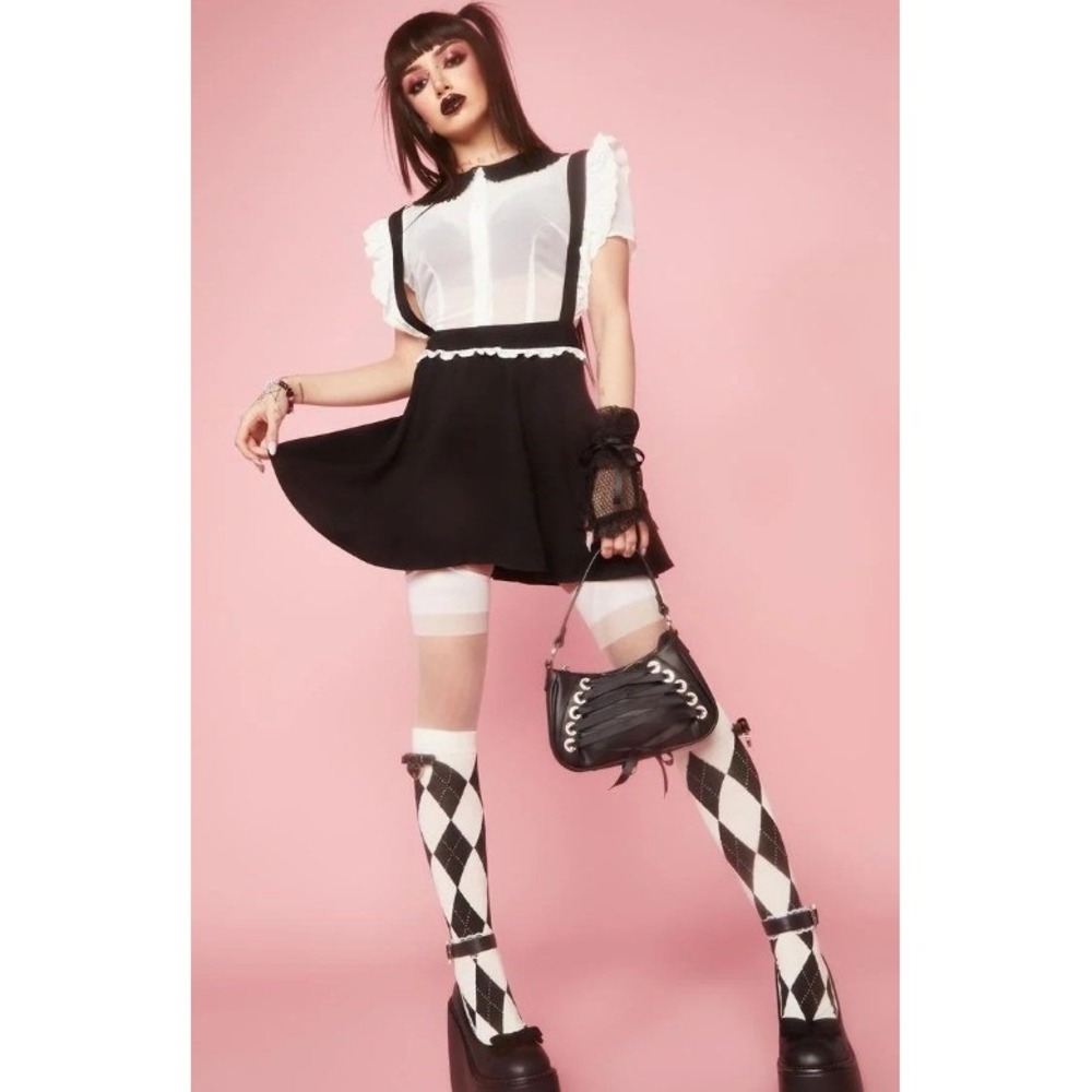 Sugar Thrillz Black Eyelet Lace Ruffle Skater Overall Skirt AST213892